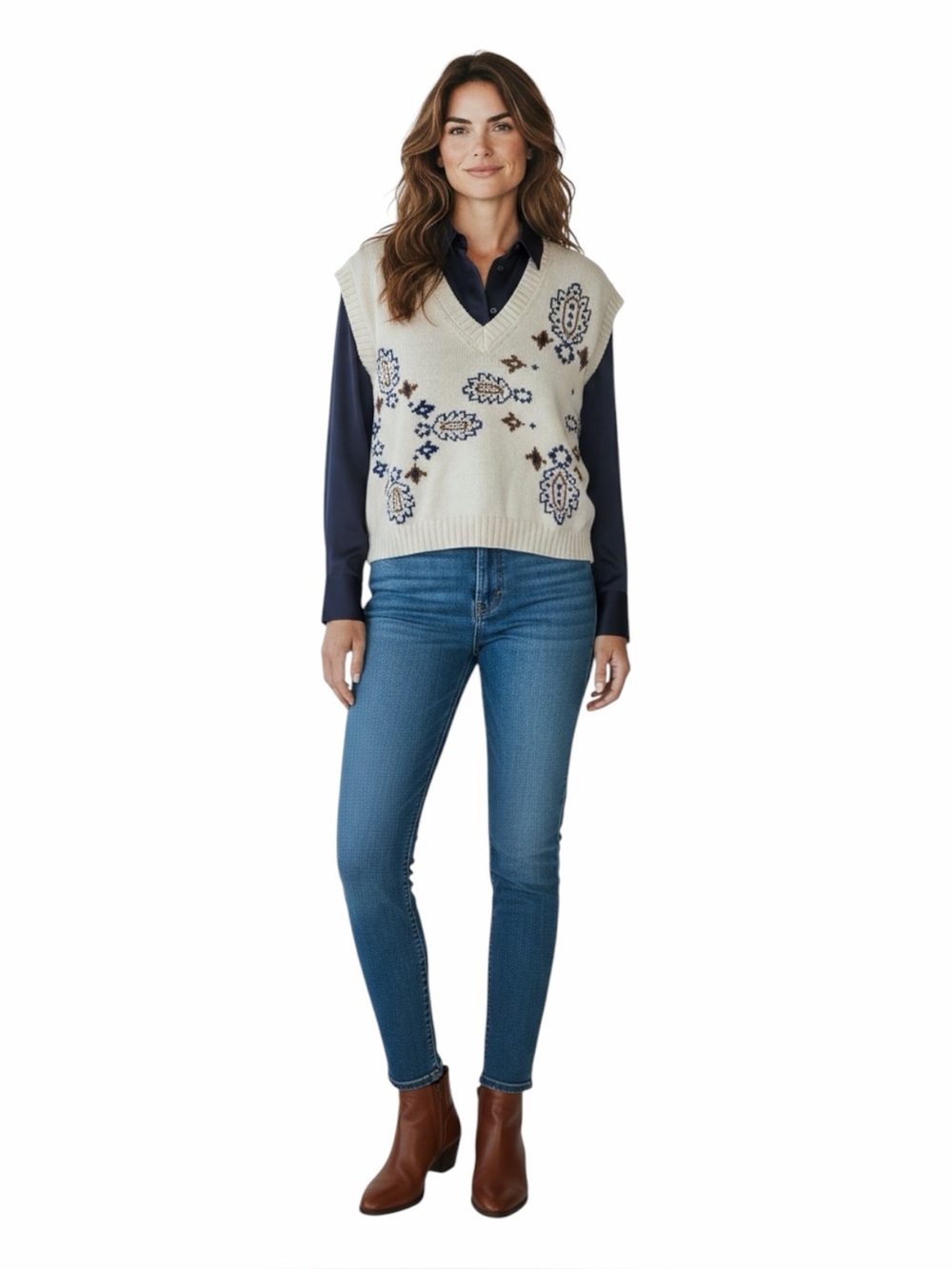 Weekend MaxMara Crusca NWOT Ivory Knit V-Neck Vest W/Blue & Brown Pattern. Small - Picture 5 of 16